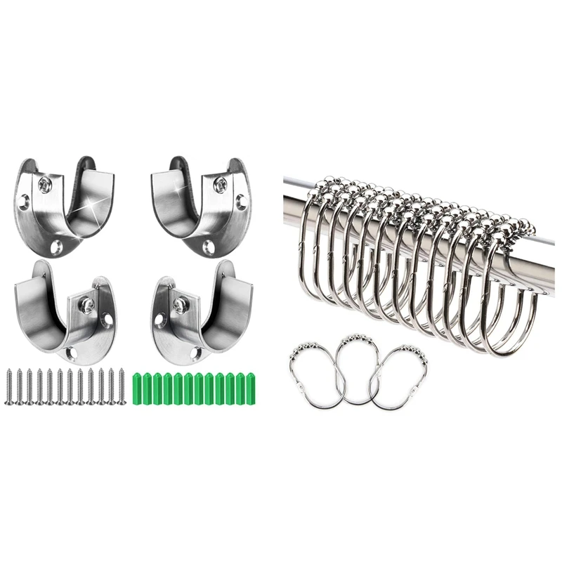 

4X Heavy Duty Stainless Steel Closet Rod End Supports Closet Pole(U-Shaped) & 12X Wide Shower Curtain Rings/Hooks Set