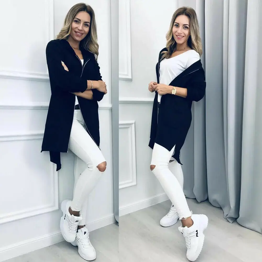 2019 Winter Women Plain Hoodie Fleece Sweatshirt Hooded Coat Sports Zip up Jacket Outwear Long Sleeve Black Red | Женская одежда