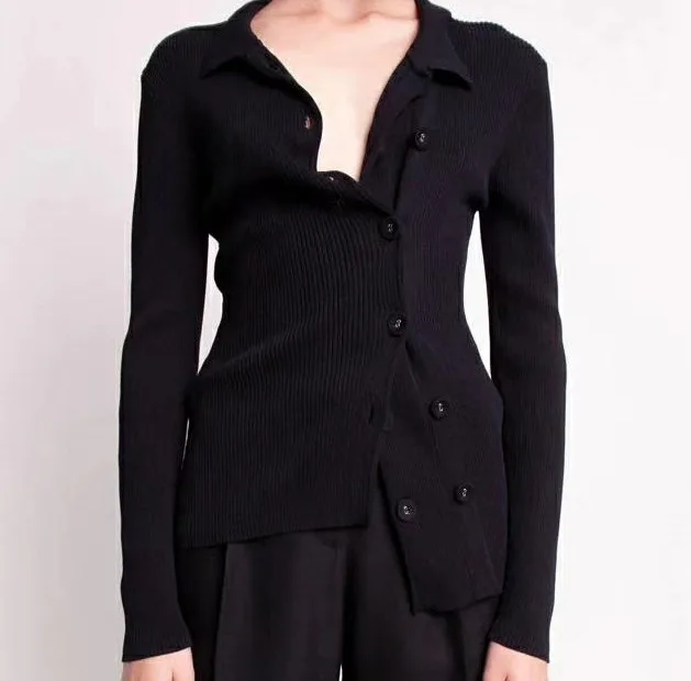 

Women Sweater 2020 Autumn Double-breasted Lapel Stretch Knit Cardigan