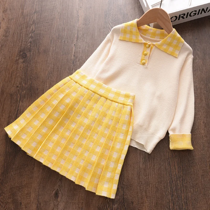 

Casual Sweater Girl Clothing Set Spring Kids Pullover Coat Plaid Skirt 2pcs Outfits Knit Children Fashion Long Sleeve Costumes