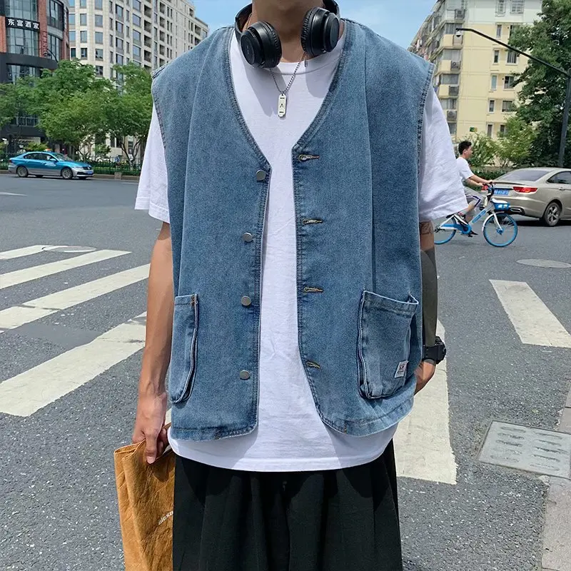 

S-3XL Men's Casual Button Up Denim Vest Vintage Sleeveless Jeans Vest Jacket Collarless Streetwear Single Breasted Waistcoat Men