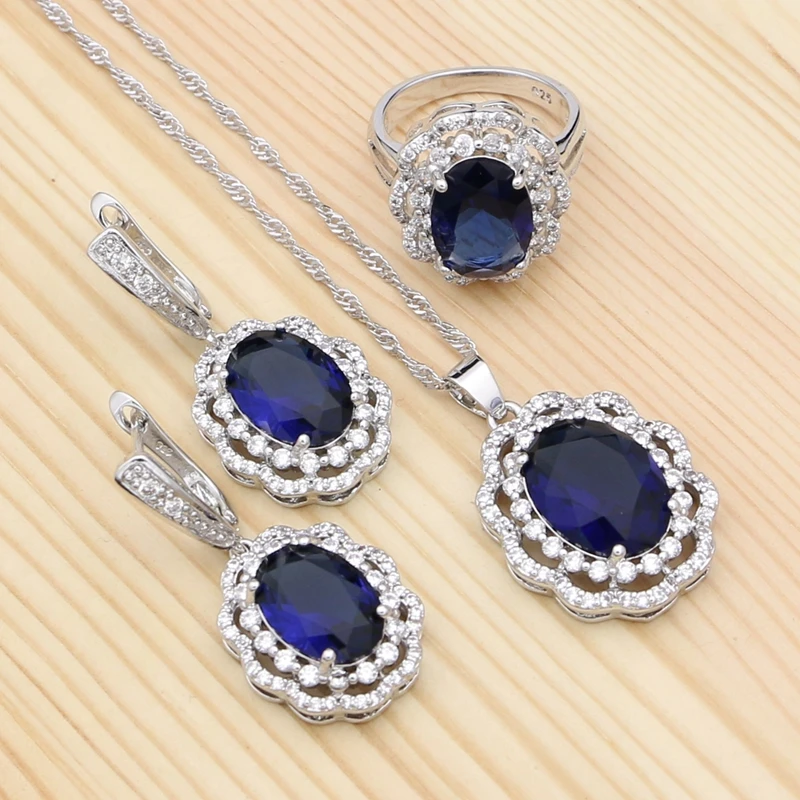 

925 Silver Wedding Jewelry Sets For Women Blue Cubic Zirconia White Crystal Pendant Necklace Ring Earrings Set Jewelry Kits