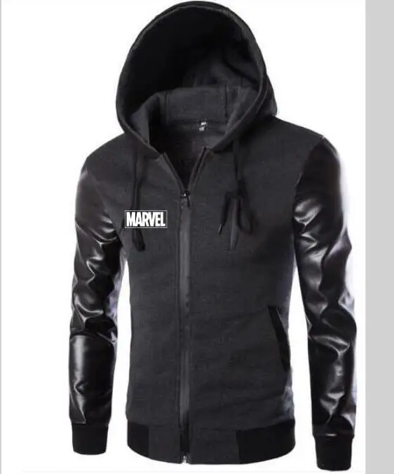 Мужская куртка с капюшоном MARVEL рукавами кожаный дизайн модная мотоциклетная