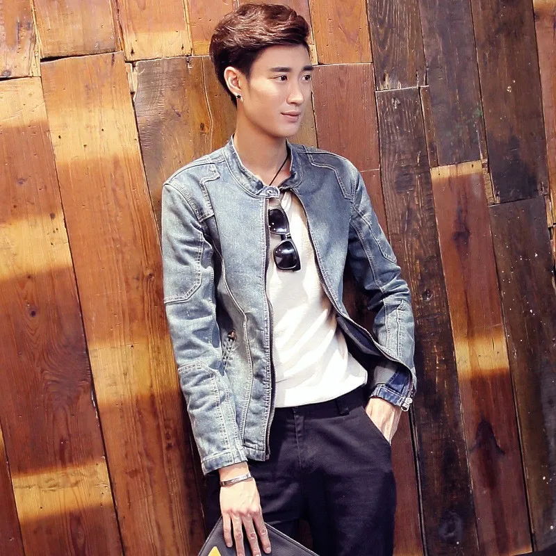 

Autumn 2021 Men Slim Denim Jacket Street Zipper College Long Sleeve Short Coat Male Stand Collar Casual Cowboy Jacket M-3XL