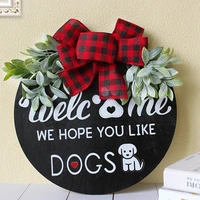 pet dog house wooden welcome sign front door wreath with bowknot wall mounted decorative board for home garden