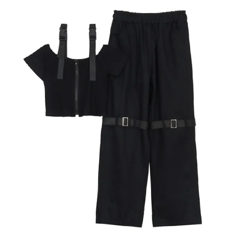 

2021 New 2 Pieces Set Summer Women Casual Cargo Pants Suit Set Streetwear Outfit Zipper Camisole Short Sleeve Women Trousers Set