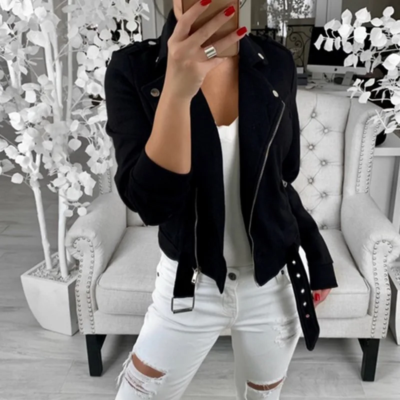 

Littlerossa Plus Size Jackets Women Black Slim Cool Lady Jackets Turn-down Collar Long Sleeve Women Bomber Jacket Zipper Female