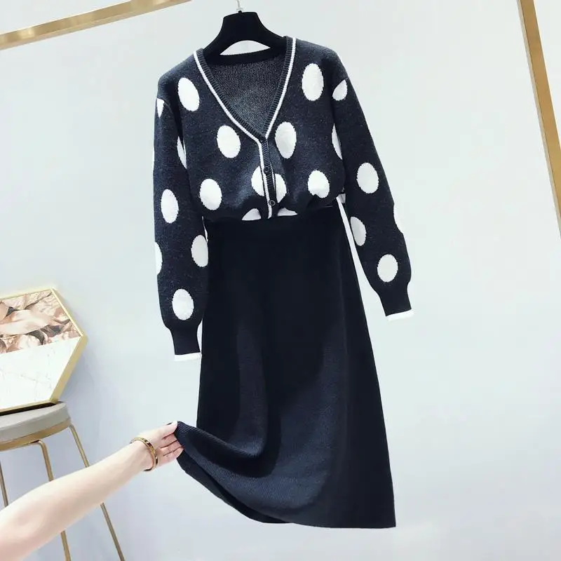 Женская сладкая корейская одежда 2 шт. Наборы весна осень Cute Dot V-образным вырезом свитер+ юбка спортивный костюм женский комплект одежды - Цвет: 2