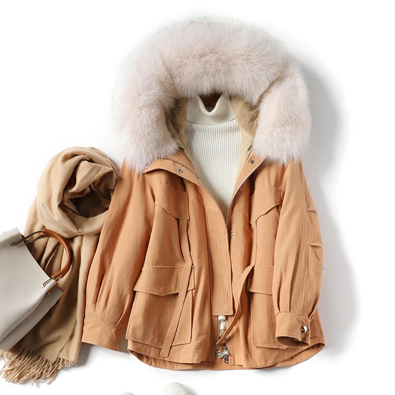 

Women's Short Fur Coat New Parka Real Rabbit Hair Whole Skin Liner Detachable Loose Thickened Coat