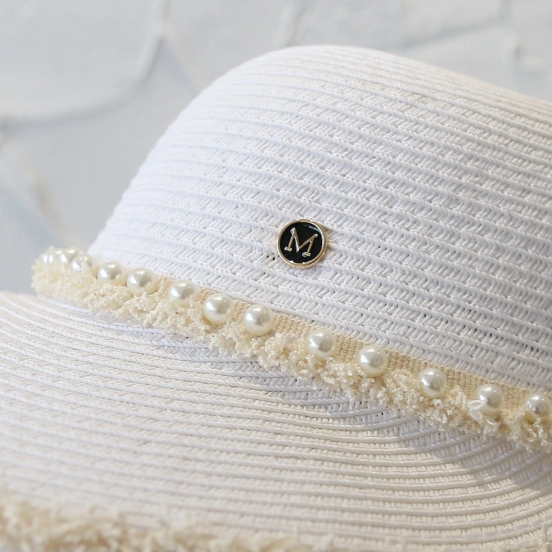 

USPOP 2020 New summer hats for women wide brim pearl sun hats letter M straw hats raffia straw visor caps pearl beach hat