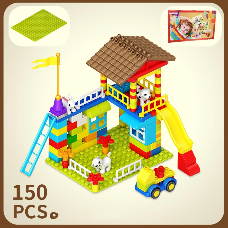 

Big Particle Roof Blocks Compatible Duploed City House Big Size Marble Race Run Slide Animal Building Blocks Brick Children Toys