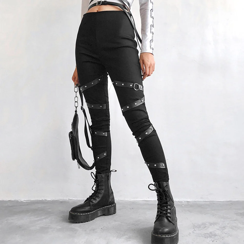 

Rosetic Punk Rock Rivet Casual Pants Women PU Leather Patchwork Gothic Black Streetwear Joggers Fashion Spring Autumn Trousers