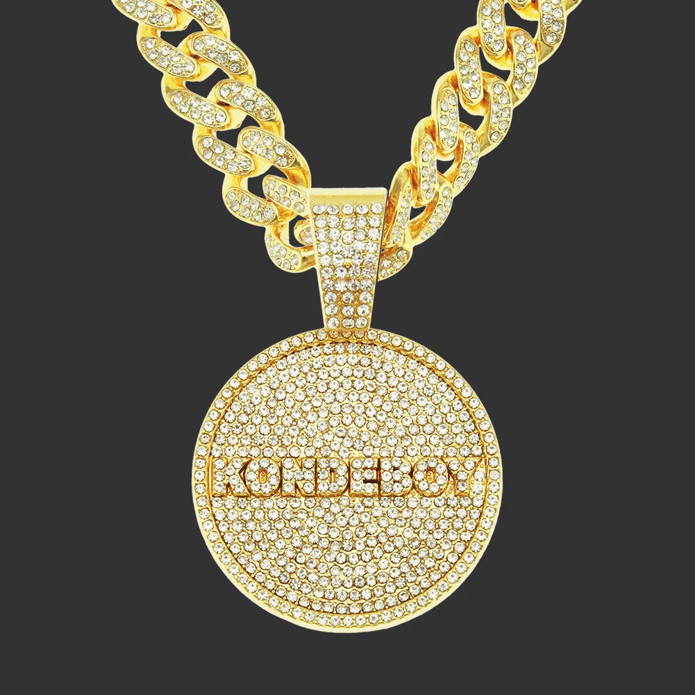 

Iced Out Cuban Link Chain Round KONDE BOY Pendant Necklace for Men Women Jewelry Female Aesthetic Streetwear Hip Hop Jewelry