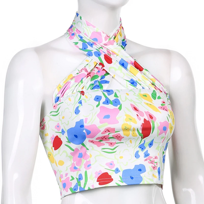 

2021 Summer Floral Print Halter Neck Crop Top Women Casual Off Shoulder Backless Mesh Y2K Beach Sleeveless Tank Tops Sexy