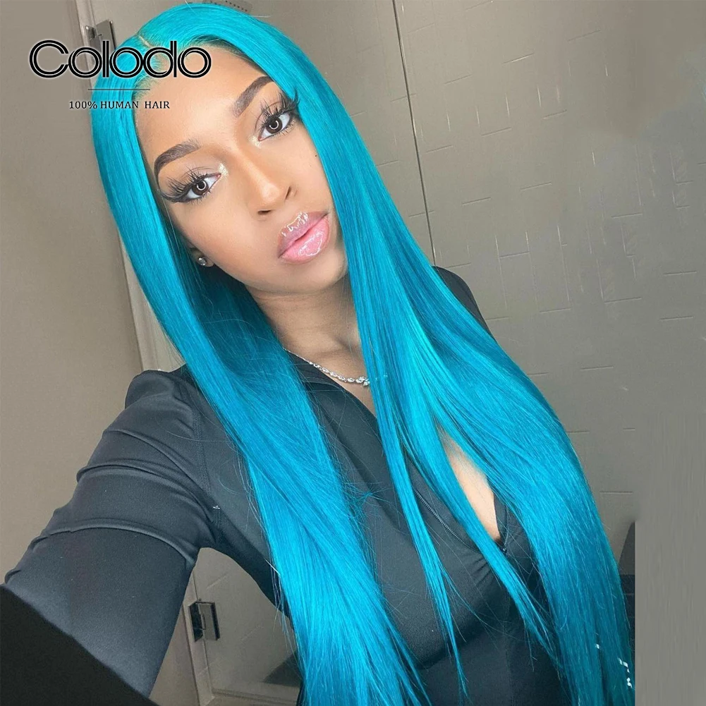 Небесно Голубой 13x6 прямой парик на сетке спереди предварительно выщипанные