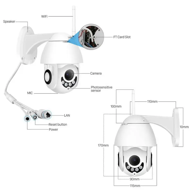 Белый 1080P WiFi ip-камера Беспроводная Проводная PTZ наружная скоростная купольная