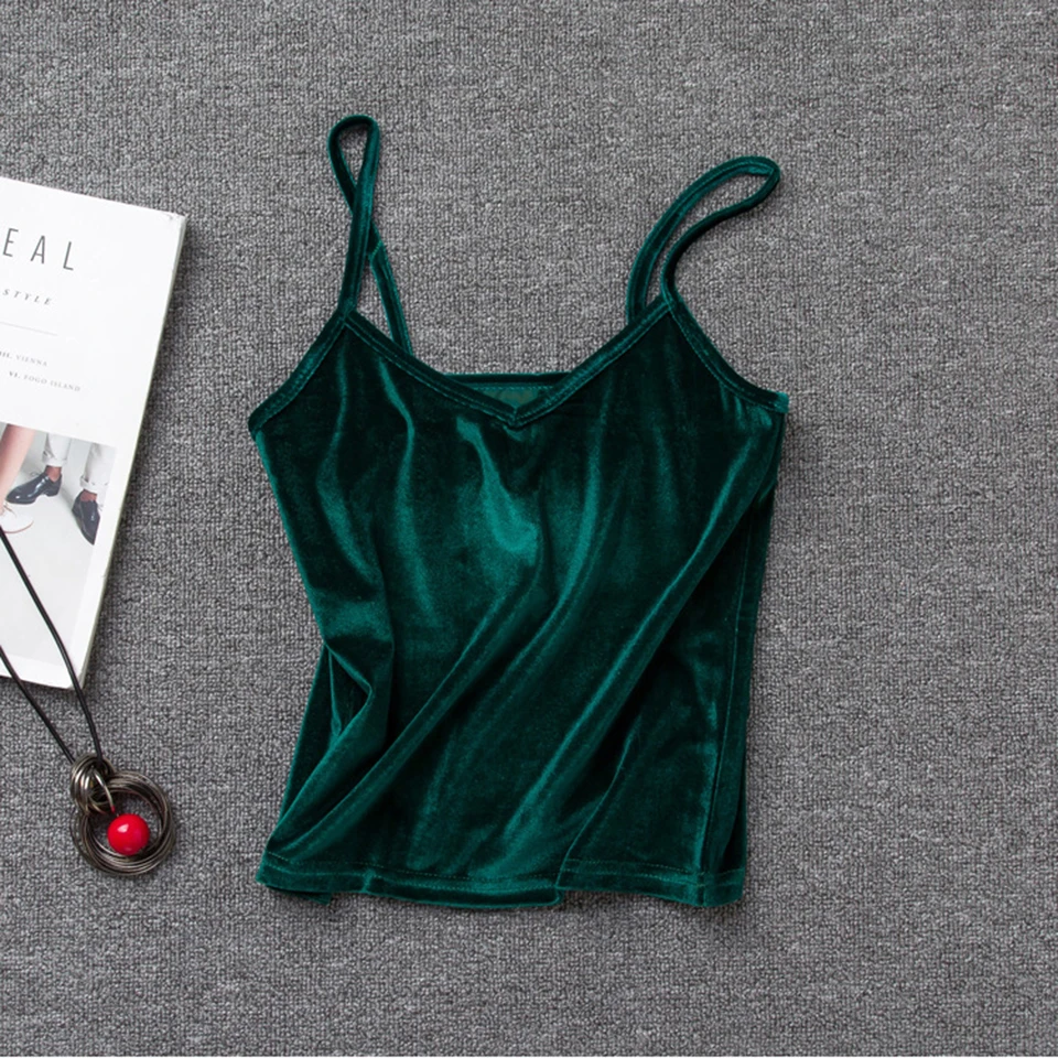 

V-neck Sexy Velvet Solid Color Short Tank Tops Slim-fit Elastic Sleepless Shirts Spaghetti Strap Cami Top Camisoles for Women
