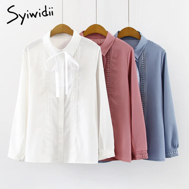 Кружевная открытая шифоновая модная женская блузка с отложным воротником и