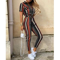 new style womens jumpsuit high waist printing trousers casual lapel tie waist buckle tooling jumpsuit fashion street clothing