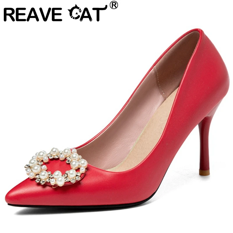 

Женские туфли с острым носком REAVE CAT, новые классические туфли-лодочки на тонком высоком каблуке 9 см, Элегантные повседневные туфли с жемчуж...