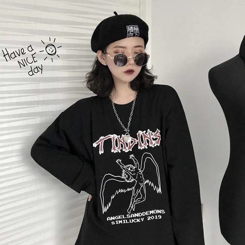 NiceMix весна корейский осень ulzzang Харадзюку улица хип-хоп Темный Ретро Ангел печать футболка ins модная свободная повседневная женская