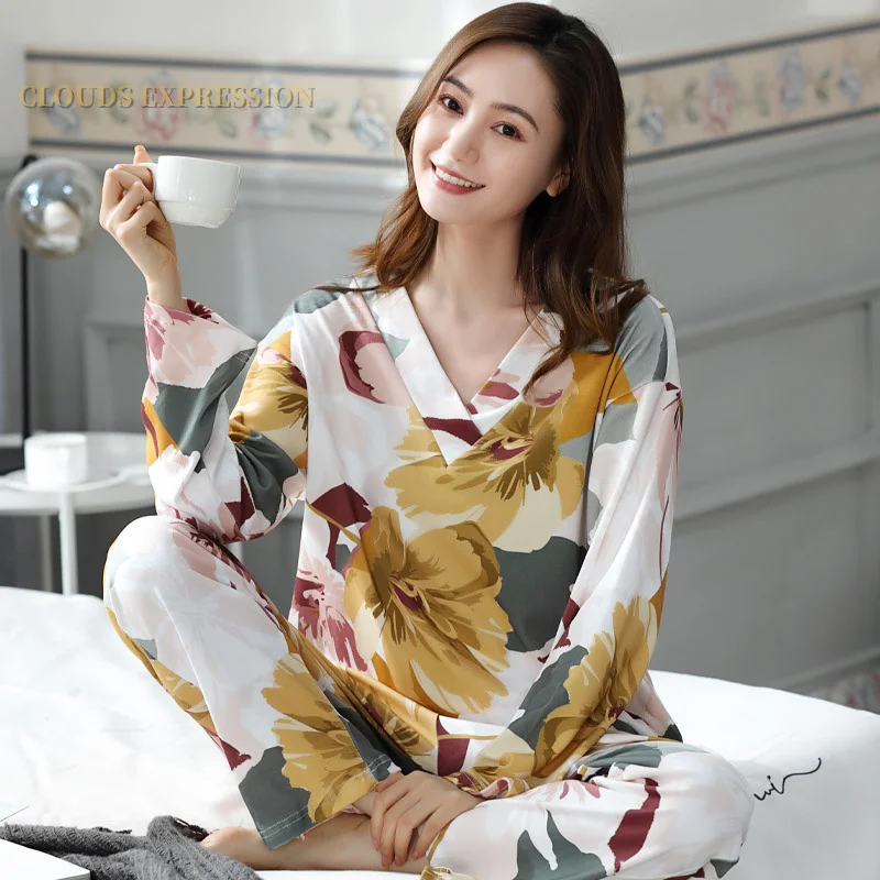 

Spring Autumn Elegant Floral Women's Pajamas Sets Pyjamas Long Sleeved Cotton Sleepwear Lady Pijamas Homewear Nightgown Fashionn