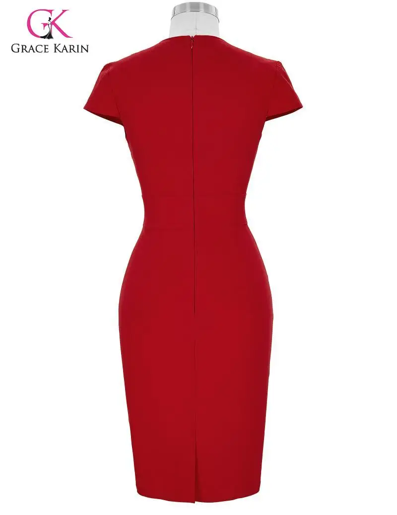 Grace Karin Elegant Women Formal Party Dress Cap Sleeve Hips-Wrapped Pencil Dress Office Lady Work Bodycon Red Dress Summer
