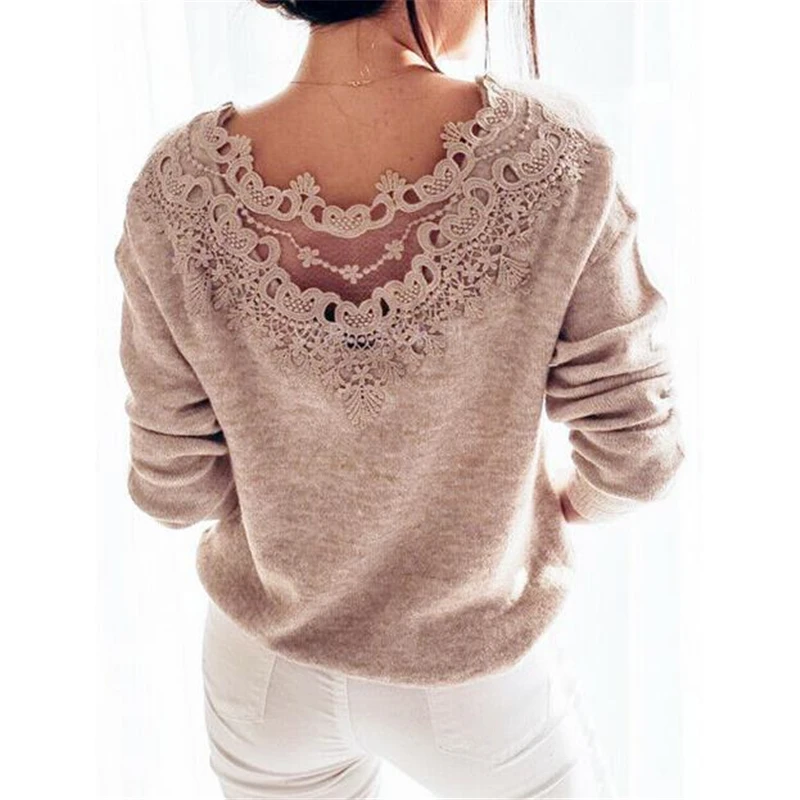 Осенняя Женская одежда сексуальный элегантный кружевной пуловер с открытой