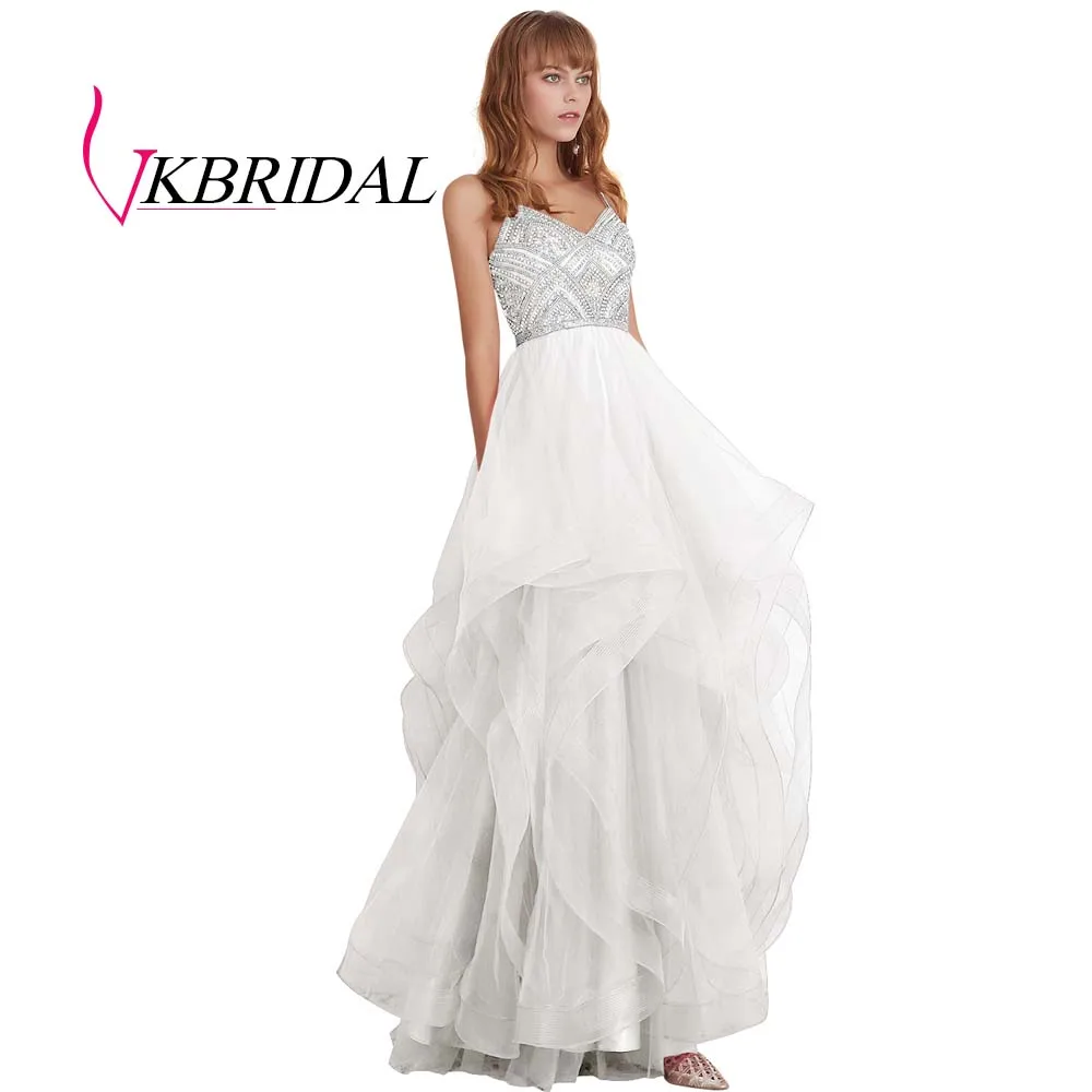 VKBRIDAL красные многоуровневые тюлевые платья для выпускного вечера новые Бальные платья с бисером и кристаллами официальное длинное вечернее платье - Цвет: Белый