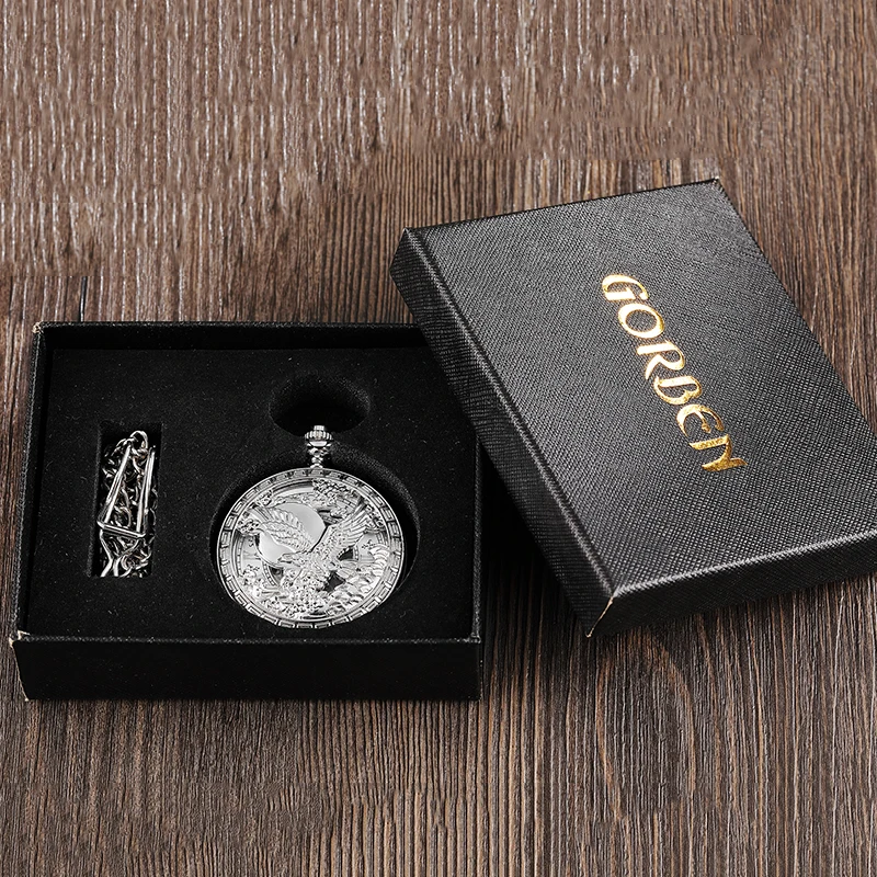 Roman Numeral Antique Mechanical Pocket Watch Skeleton Steampunk Vintage Luxury Eagle Engraved Dial Male Fob Chain Clock for Men