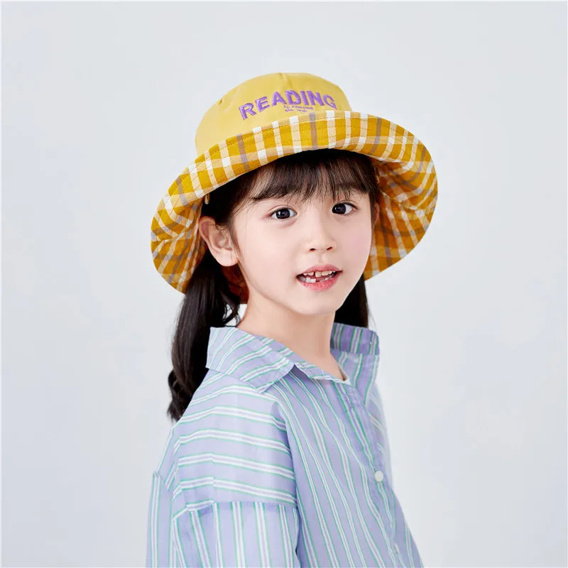 

2021 New double faced fisherman's hat spring embroidery letter basin hat 3-12 years old girls' casual simple sun shading hat