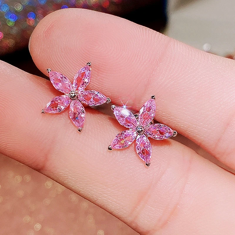 

Fashion Fresh Flower Stud Earrings For Girls Colorful Cubic Zirconia Simple Stylish Women Earrings Party Wedding Jewelry