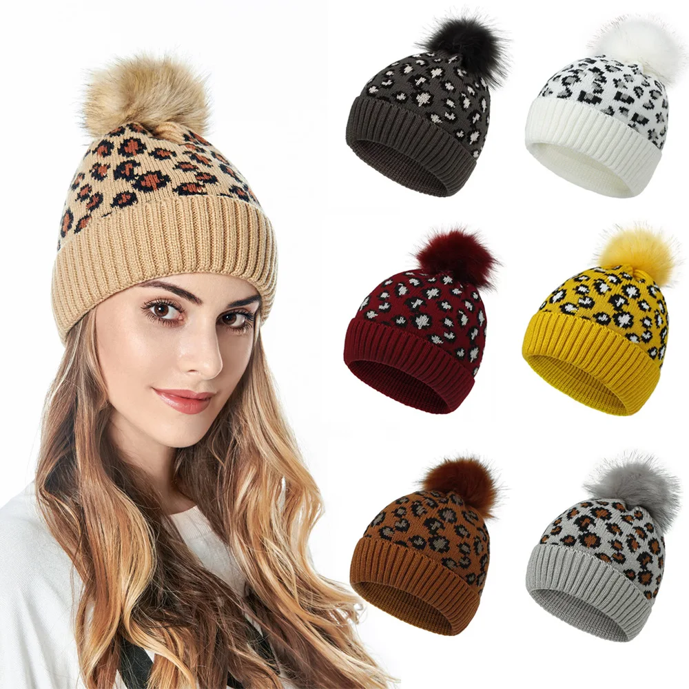 

2021 Brand Leopard Beanie Hat Women Thick Warm Skull Cap Female Bonnet Winter Hats Street Fashion Knitted Caps for Girls Gorro