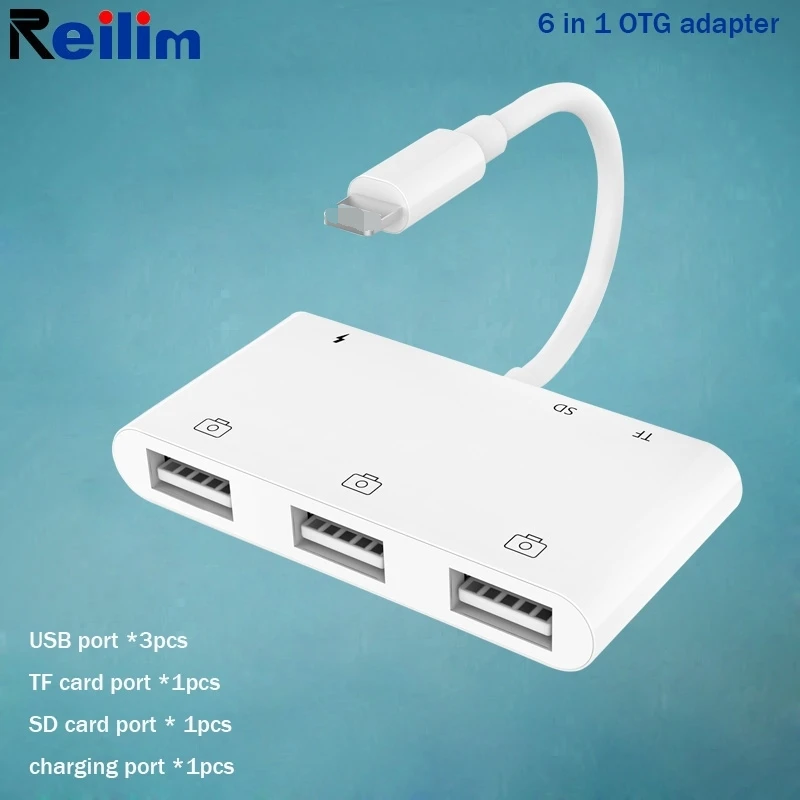 3 USB OTG адаптер для подключения камеры iPhone 8 X iOS 14 конвертер SD/TF/USB 6 в 1 кардридер