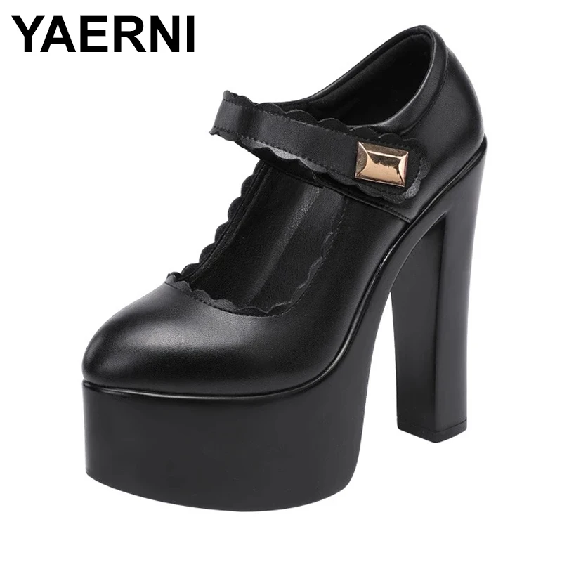

YAERNI Spring Genuine Leather Women's 15CM High Heels Fashion Female Wedding Shoes Ladies Platform Pumps Work Shoes Plus Size