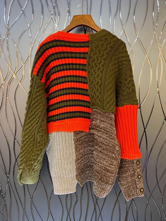 

2020 autumn and winter new women's V-neck irregular color matching stitching loose cardigan sweater 1108