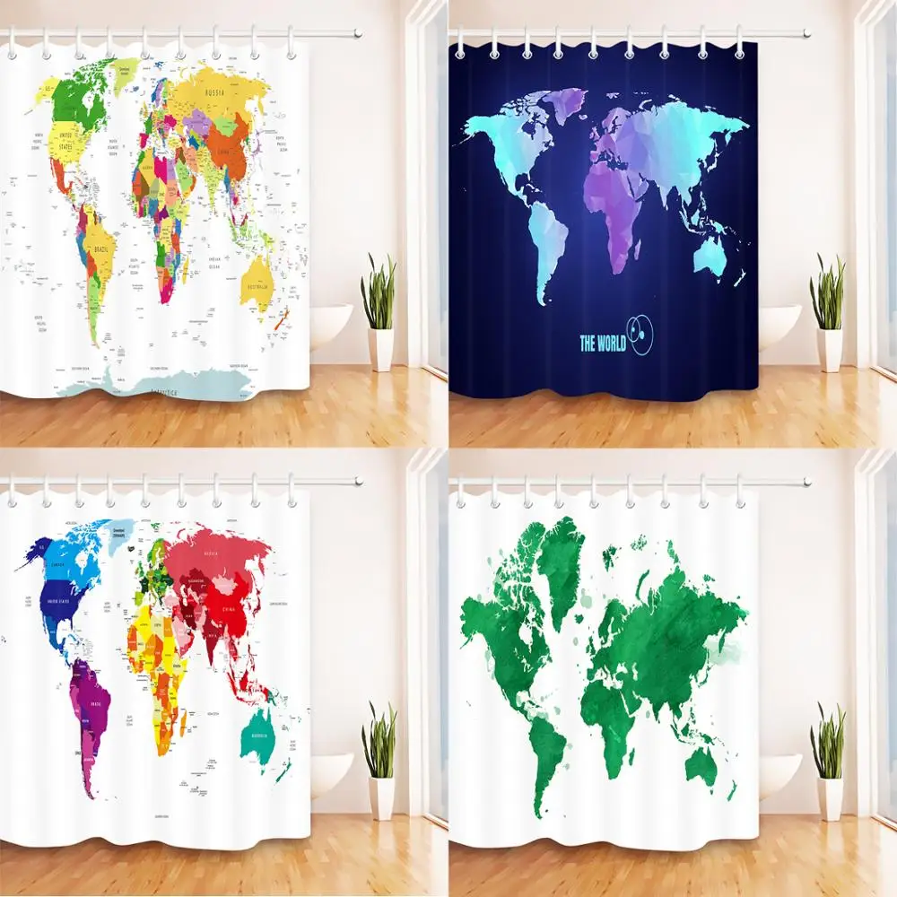 

World Map Shower Curtain for Bathroom Educational Geography Countries Kids Bathroom Curtain Polyester Fabric Bath Curtains