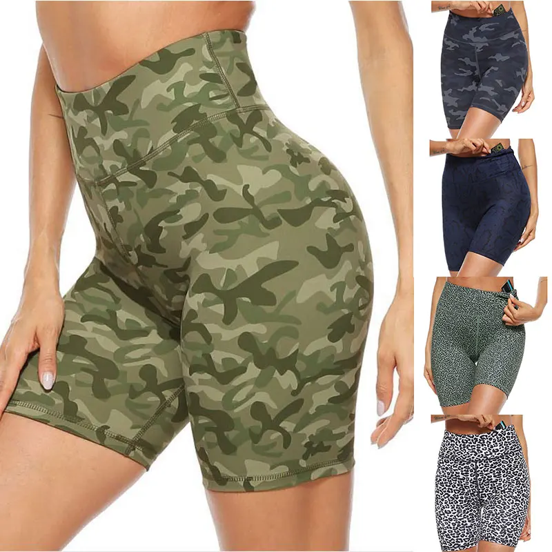 

Women High Waist Print Workout Yoga Shorts with 2 Invisible Pockets Non See-Through Tummy Control Athletic Shorts TC21