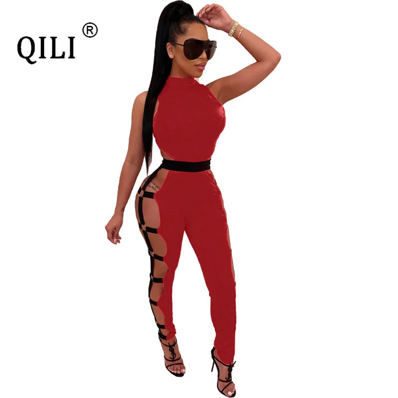 

QILI Women Sexy Club Jumpsuits Red Sleeveless Hollow Out Bodycon Jumpsuit Womens Rompers New