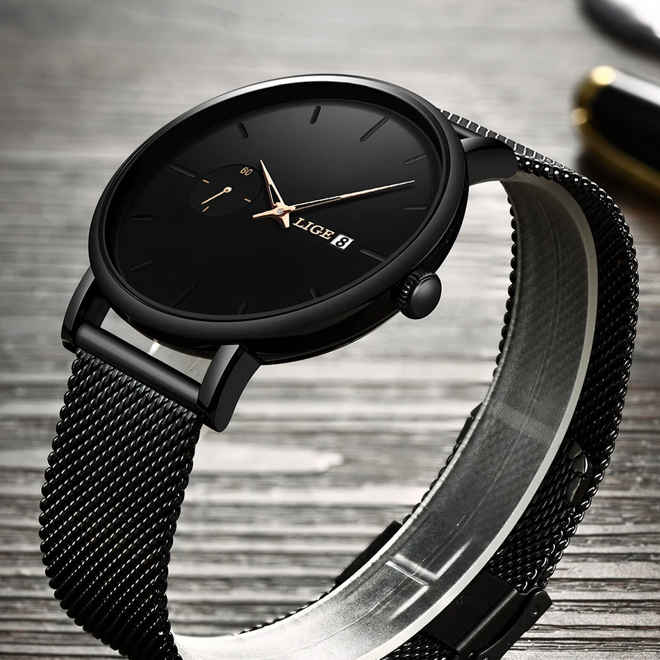 LIGE желтые кварцевые часы с указкой мужские лучший бренд роскошные простые со