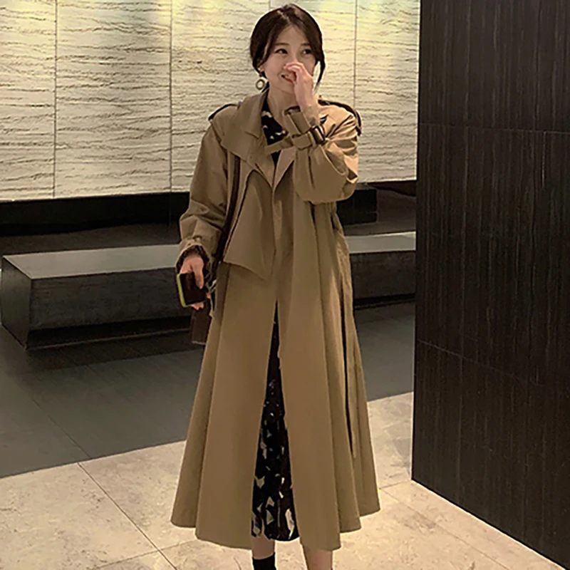 Women Trench Coat Autumn Casual Belt Waist Long Coat Turn Down Collar Long Sleeve Windbreaker Trench Fashion Outwear