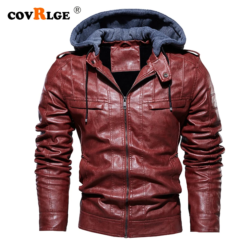 New Autumn Winter Coat Outfit Fashion Biker Zipper Pocket Design PU Leather Jacket Men Vintage Leather Hoodie Jacket Men MWP060