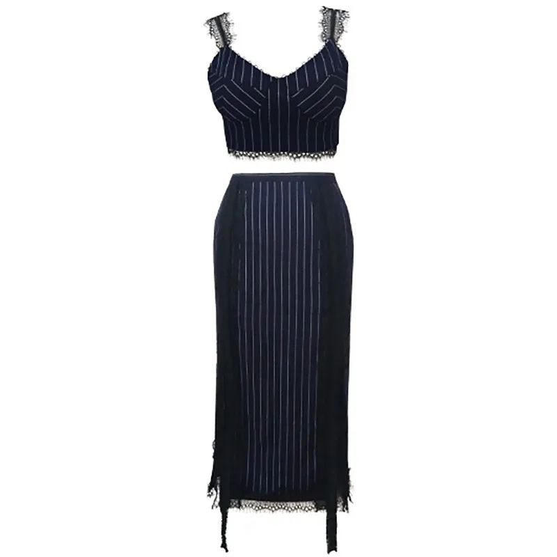

GALCAUR Striped Sexy Women's Suits Off Shoulder Sleeveless Crop Tops High Waist Split Lace Midi Skirt Female Two Piece Sets 2020