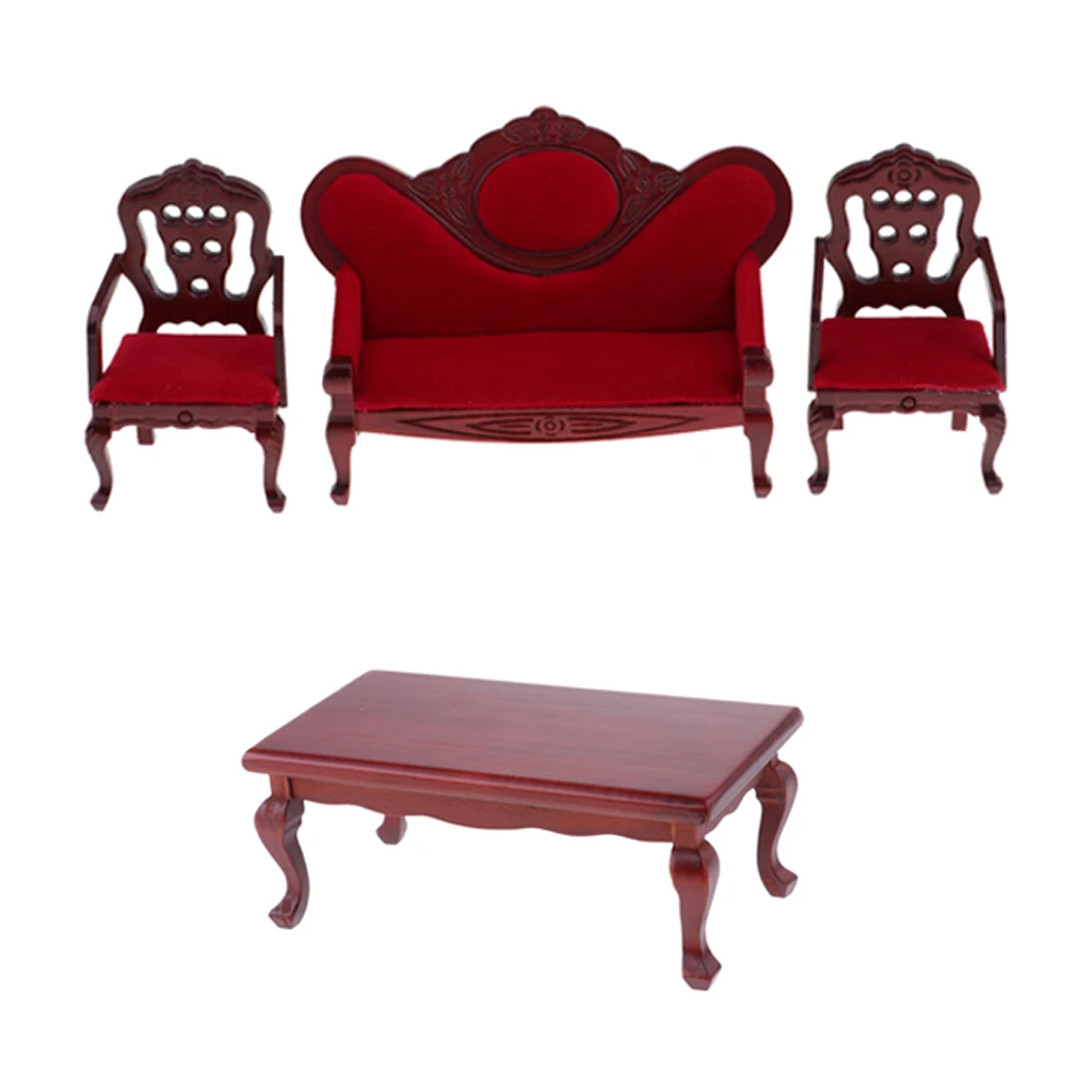 

1/12 Velvet Sofa Wood Chair Table Furniture For Dolls House Living Room Accs
