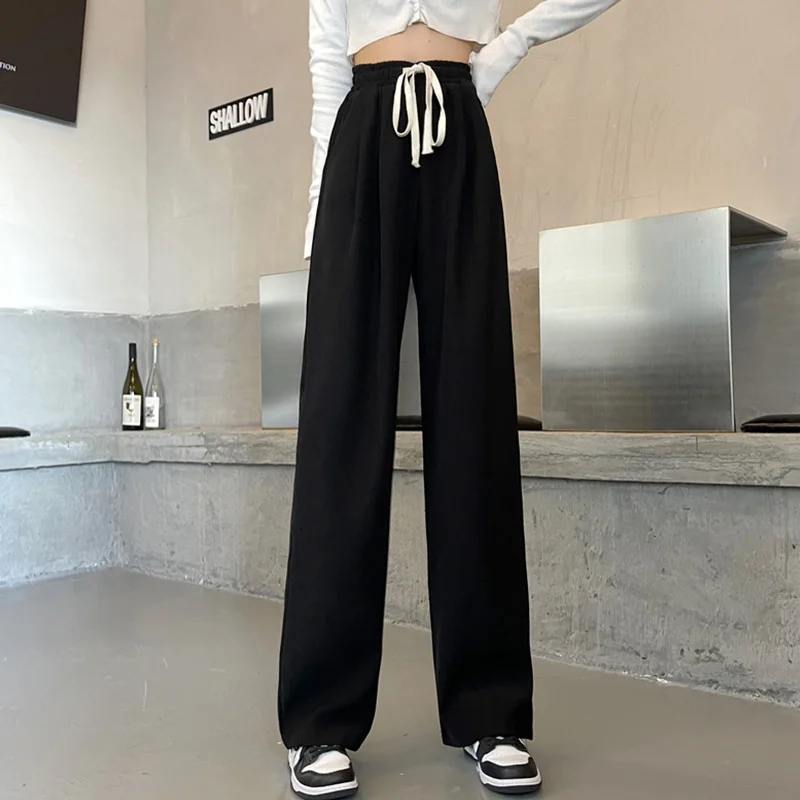 

Black High Waist Wide Leg Pants women's sagging loose straight pants show thin versatile straps thickened