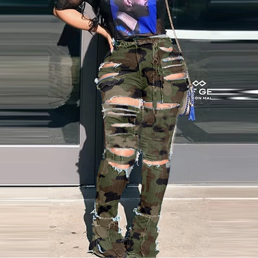 Женские камуфляжные джинсы с дырками и пуговицами на молнии повседневные