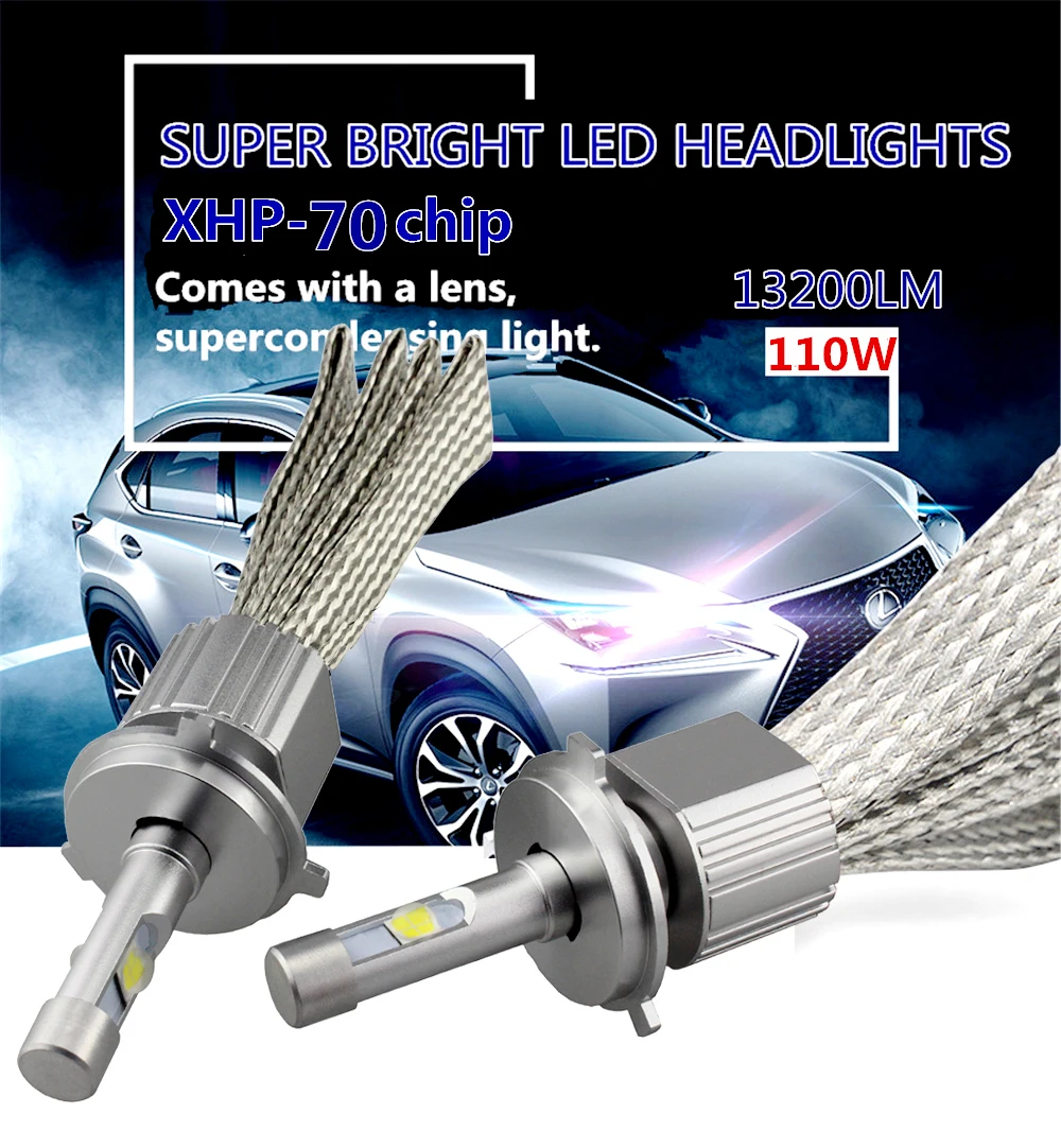 2 шт. автомобильные светодиодсветодиодный лампы H4 H16(JP) D2H xhp70 6000K 110W 13200LM H7 H8 H9 H11 9005