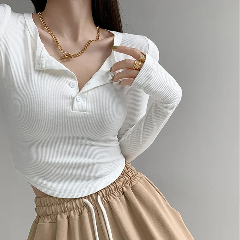 

Top Women Sexy Crop Top Long Sleeve T-shirts 2021 Autumn New Finger Shirt Female Clothes Women Pulovers T-shirts