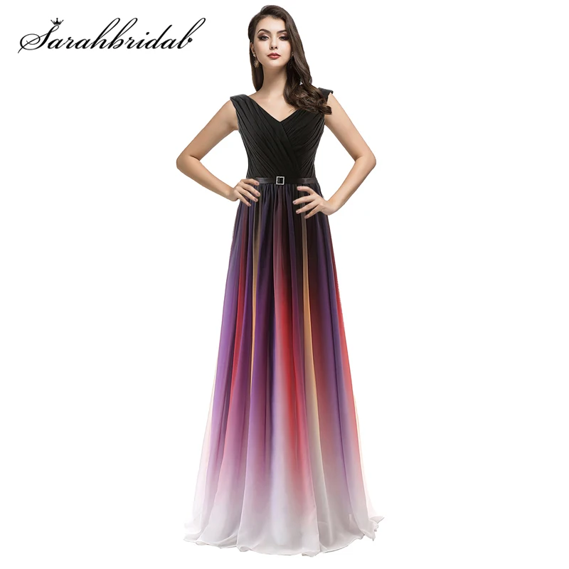 Градиент Цветной длинное шифоновое платье с v образным вырезом Платья для