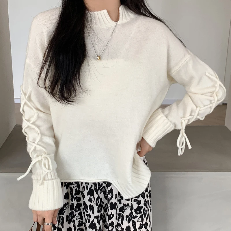 

Korean Style Warm Sweater Women Bow Lace Up Design O Neck Pullover Vintage Casual Streetwear Harajuku Female Kintted Top